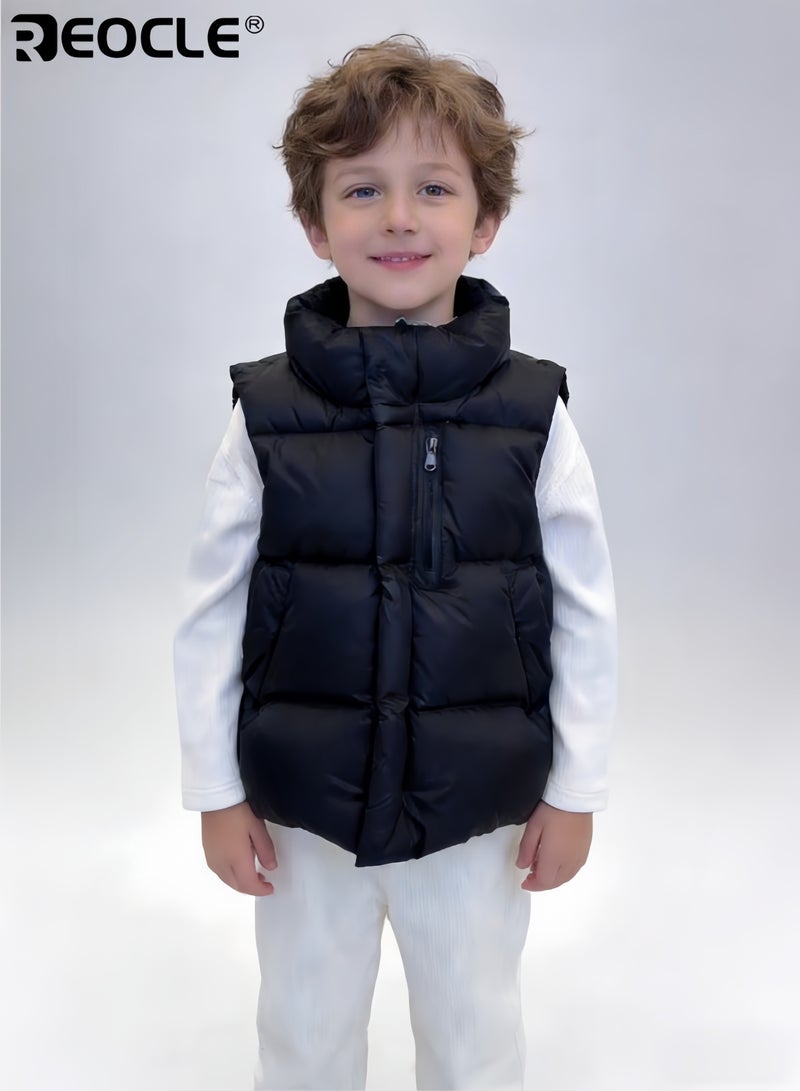 REOCLE Kid's Puffer Vest with Faux Down Insulation and Cropped Design Lightweight Sleeveless Jacket with Water Resistant Feature for Winter Outdoor Play - Image 2